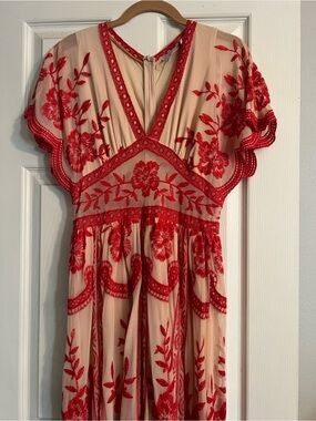 Red Floral Embroidered V-Neck Women's Dress
